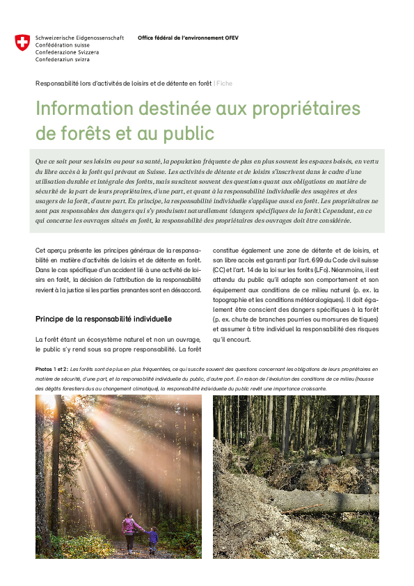Fiche d’information: Responsabilité lors d’activités de loisirs et de détente en forêt (PDF)
